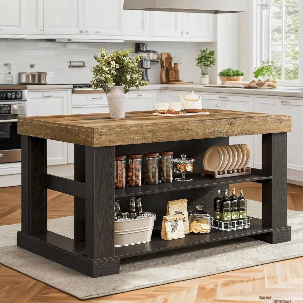 Kitchen Island Table With Large Countertop And 3 Tier Storage