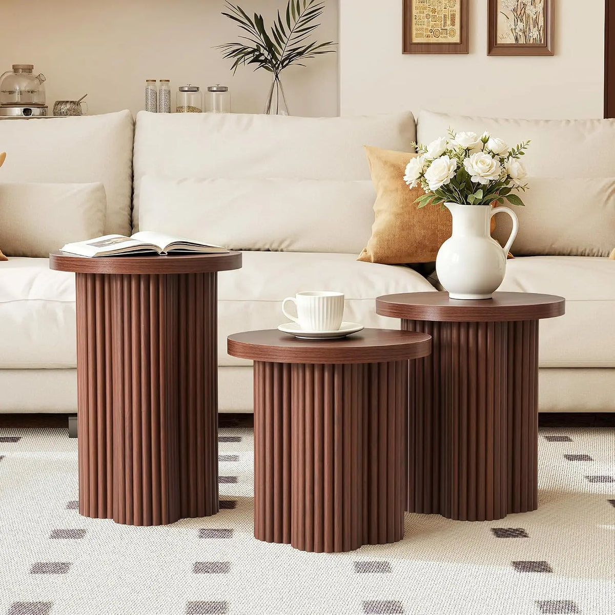 Round Fluted Nesting Coffee Table Set with Plum Blossom Legs