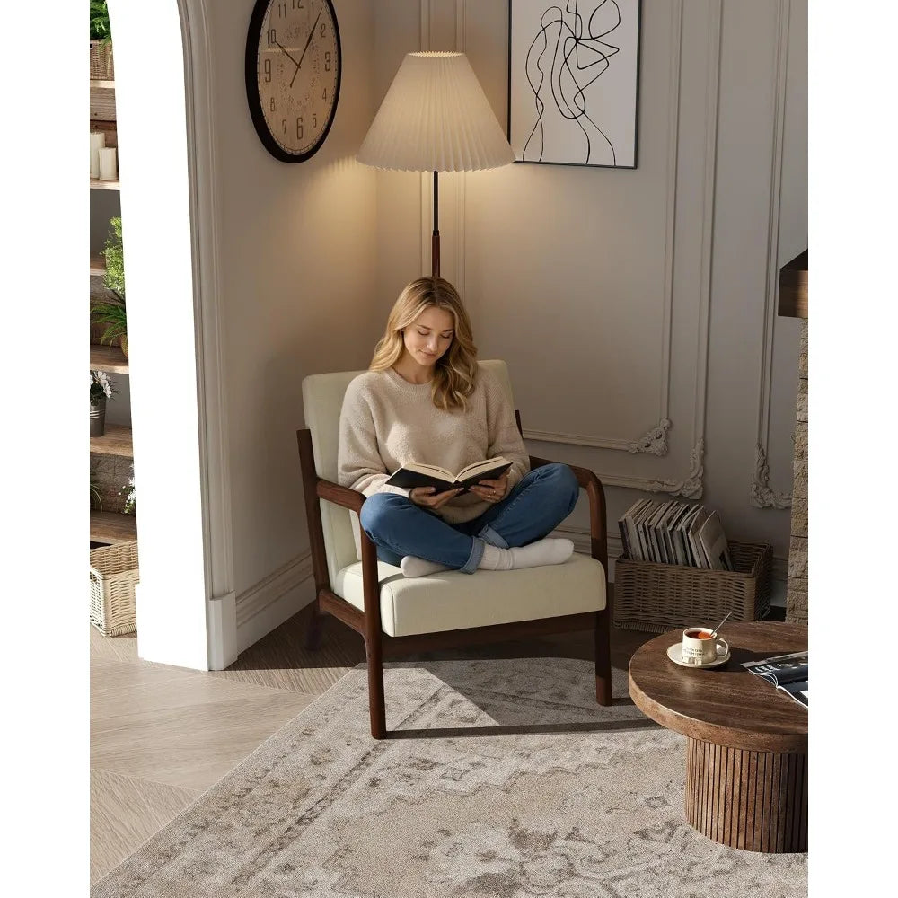 Mid-Century Chenille Accent Chair: Cozy Reading, Modern Lounge, Lumbar Pillow, Solid Wood Frame, Beige