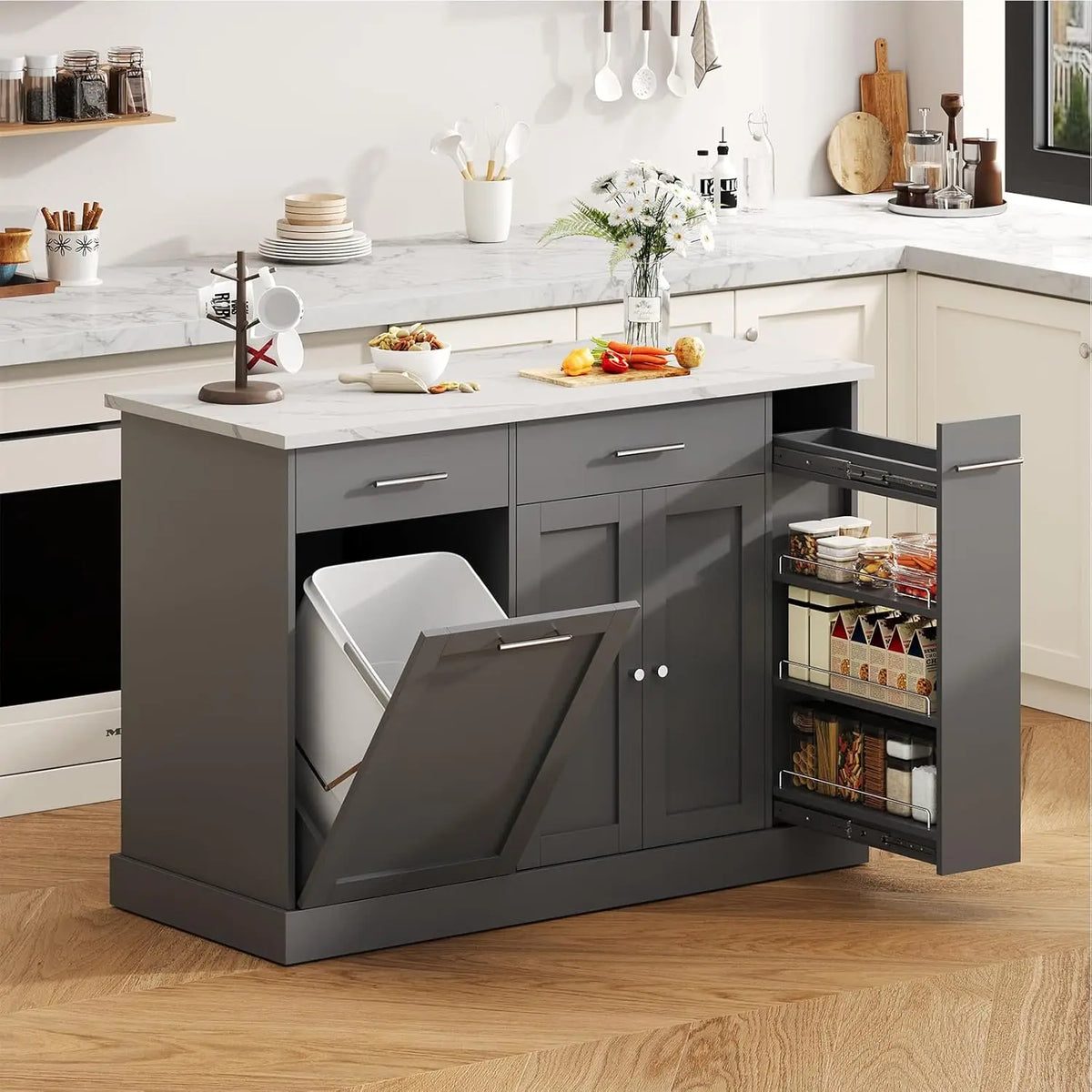 Kitchen Island Cart With Trash Cabinet And Spice Rack And Towel Rack On Wheels