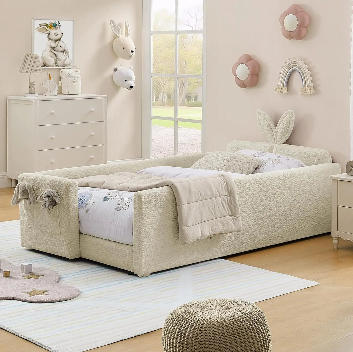 Twin Size Platform Bed,Boucle Upholstered Rabbit Ear Headboard with Pocket & Guardrail for Kids Room,Beige,Customized
