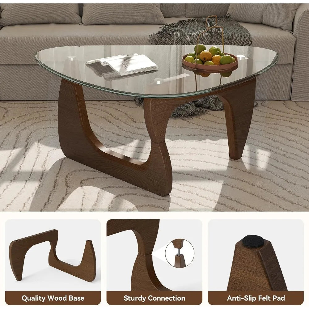 Triangle Glass Coffee Table with Wooden Base for Living Room and Office