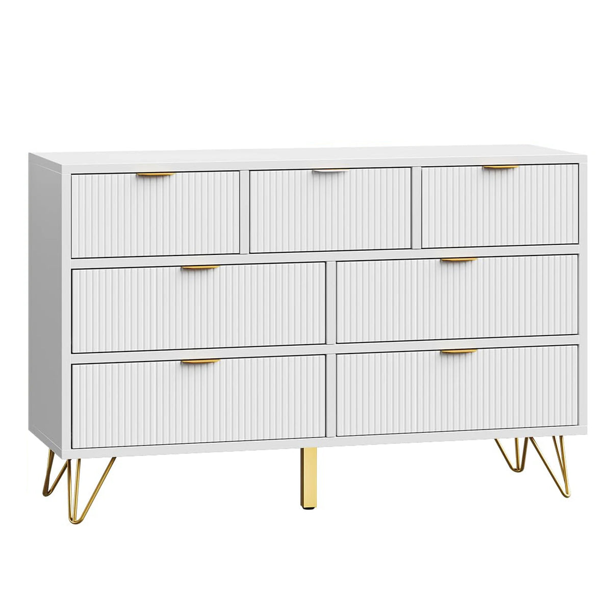 47.2 Inch 7 Drawer Dresser For Bedroom, Modern White Chest Of Drawers With Gold Metal Legs, Narrow Storage Cabinet For Entryway