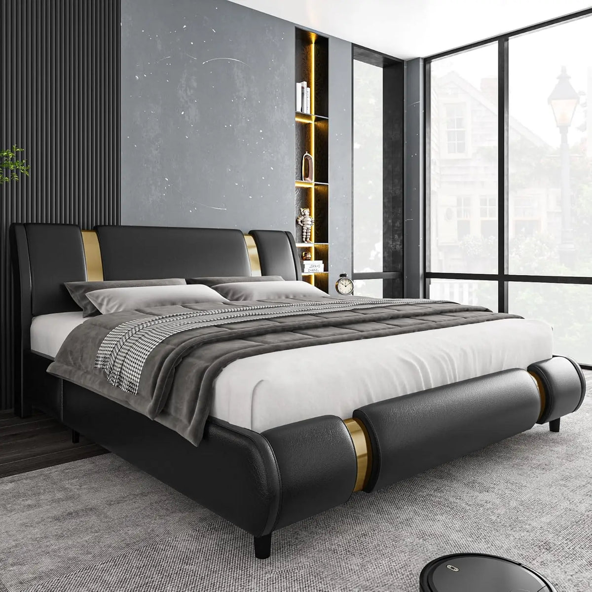 Faux Leather Platform Bed With Adjustable Headboard And Wood Slats