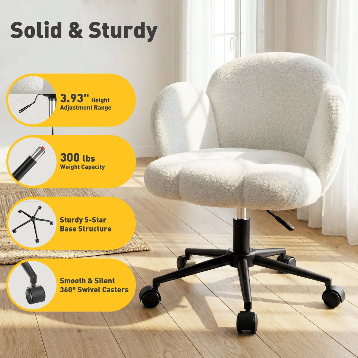 EnHomee Petal Vanity Chair with Wheels, Aesthetic Height Adjustable 360°Swivel Desk Chair, 3.5" Thick Comfy Backrest Task Chair for Bedroom Living Room