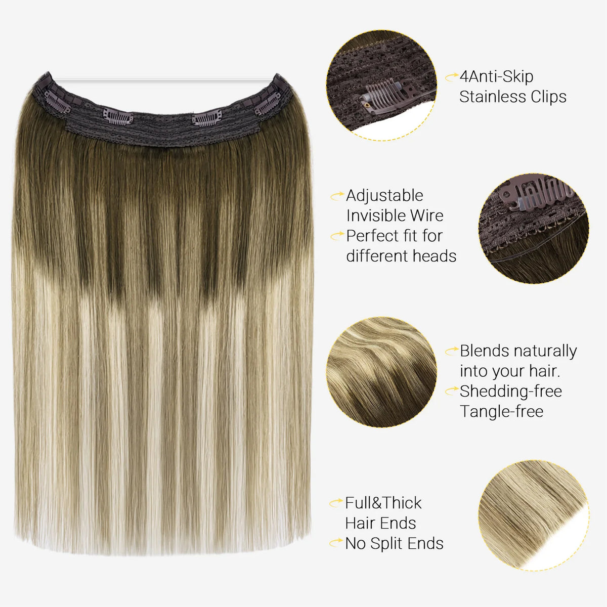 Sunmofavo Invisible Wire In Hair Extensions Halo 100% Remy Human Hair Adjustable Hairpiece with 4 Clips Walnut Brown Bleach Blonde Ombre Seamless Undetectable for Thin Fine Hair Instant Volume Soft Straight Real Human Hair Da
