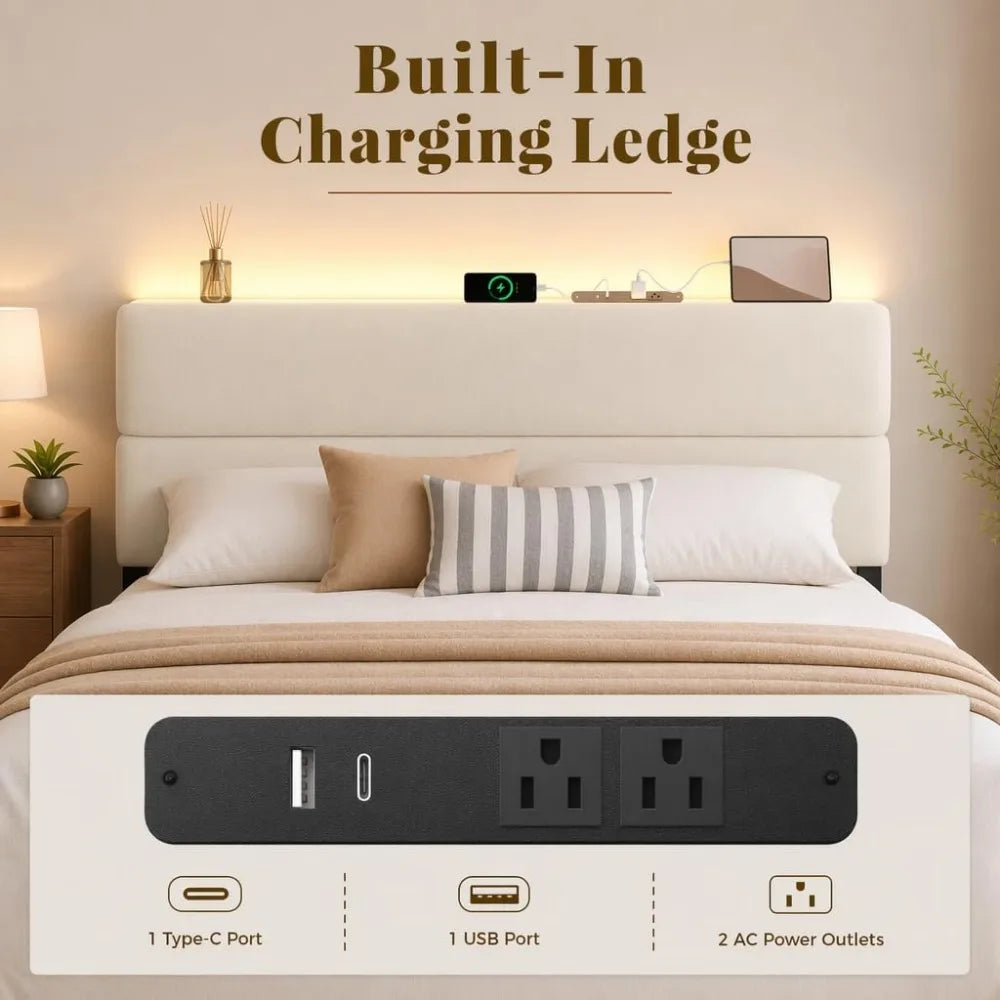 Upholstered Metal Bed Frame With Storage Drawers Led Headboard Lighting