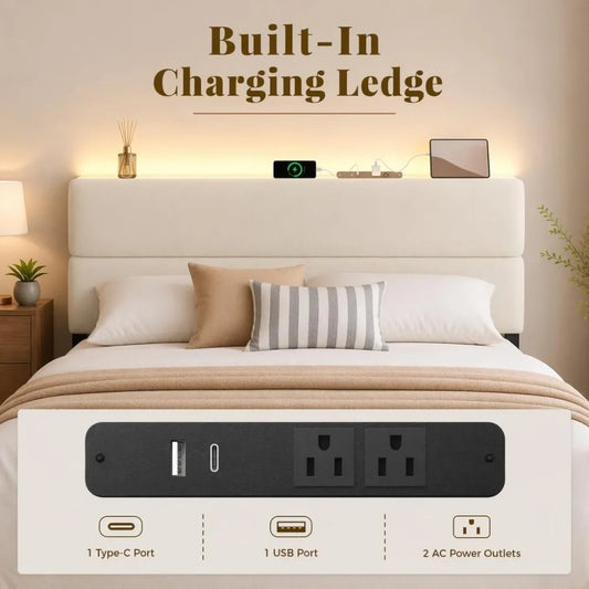 Upholstered Metal Bed Frame With Storage Drawers Led Headboard Lighting