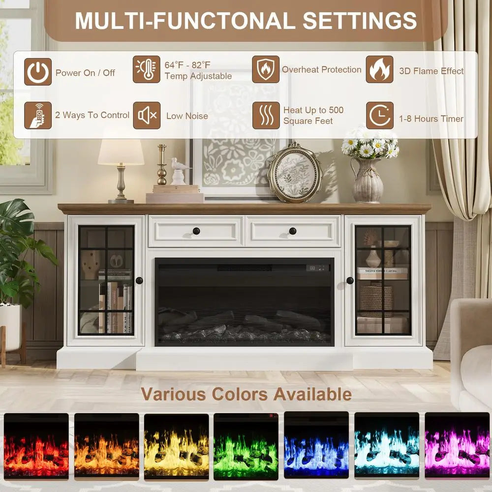 XMSJ Farmhouse TV Stand With Electric Fireplace And LED Lights