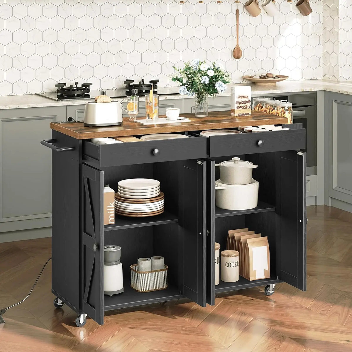 Kitchen Island With Power Outlet Rolling Cart With Storage Hooks