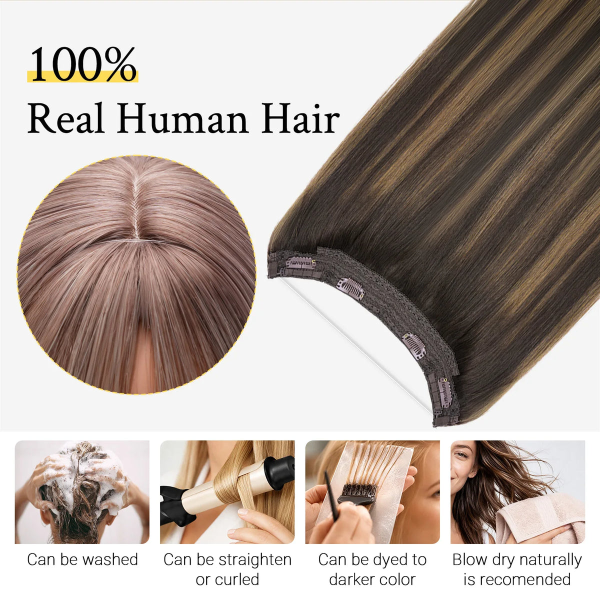 Sunmofavo 100% Real Remy Human Hair Halo Wire Hair Extensions,Free To Restyle, Full Hair Density, 2‑6‑2 Balayage Dark Brown Mixed Chestnut Brown 20 Inch, Invisible Fish‑Line With Adjustable Size, All‑Day Secure Fit,Fa