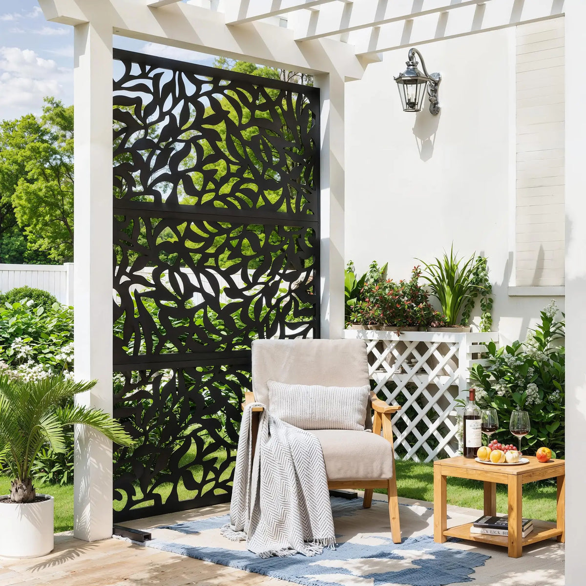 72"x47" Outdoor Metal Privacy Screen, Freestanding Laser Cut Decorative Fence Panel With Stand, Weatherproof Steel For Patio