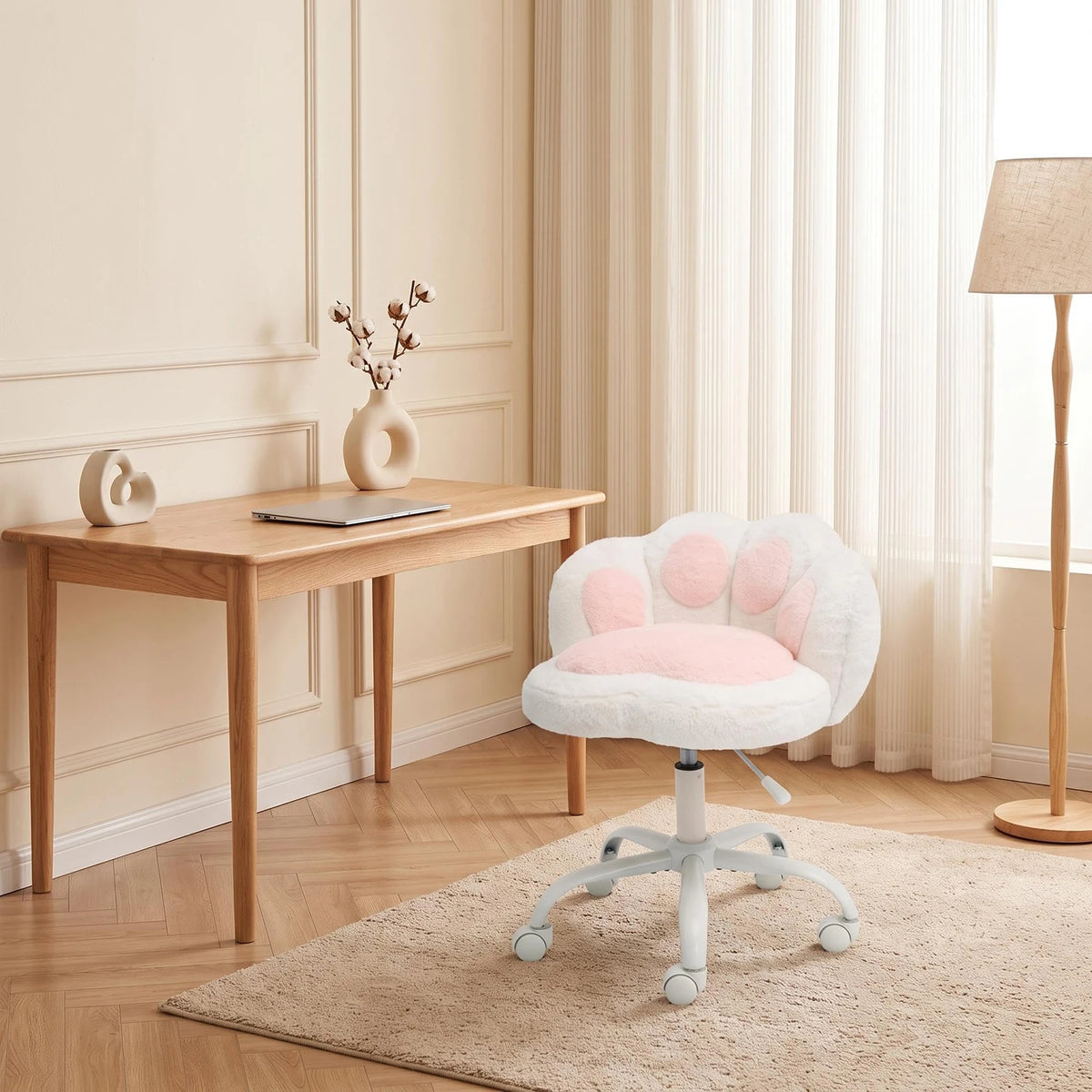 Cute Vanity Chair With Wheels, Armless Teddy Desk Chair With Paw Back, Height Adjustable Swivel Chair For Small Space Bedroom