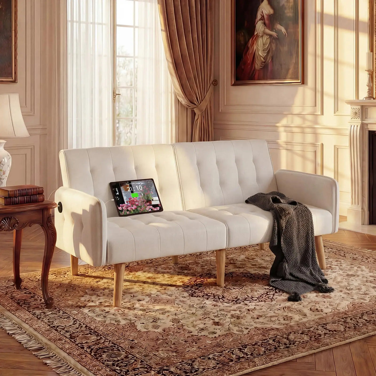 Tyboatle Convertible Faux Leather Futon Sofa Bed With USB Ports