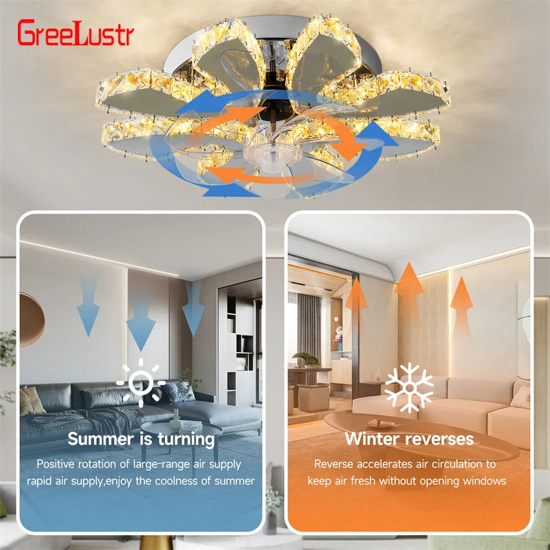 GreeLustr Remote Control Crystal Ceiling Fan Light With Retractable Blades