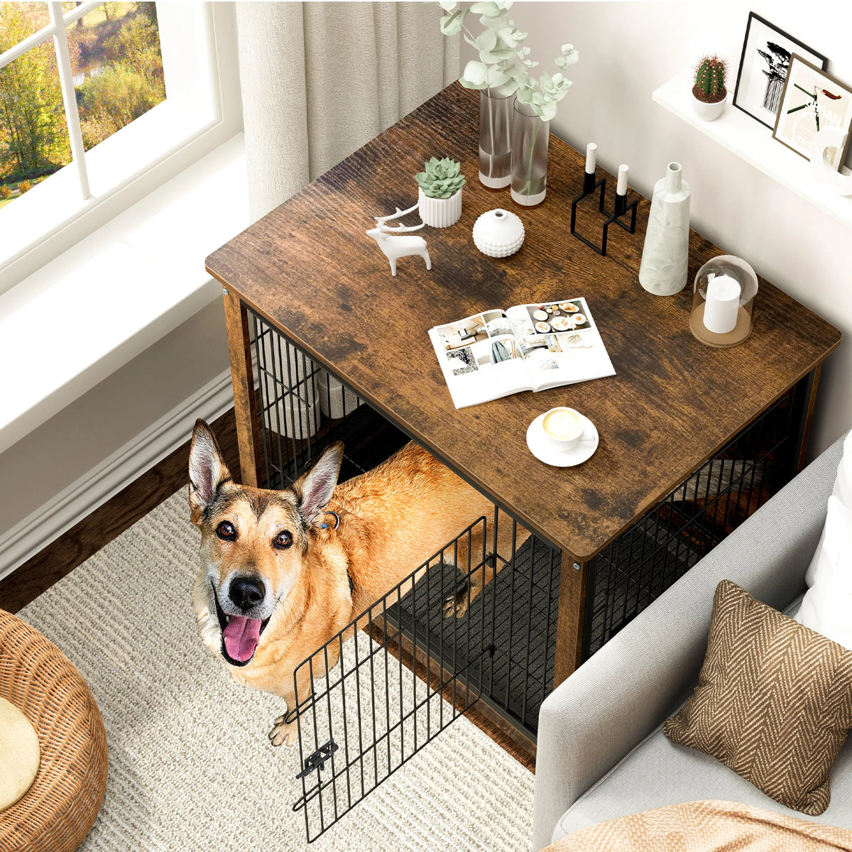 Modern Furniture Dog Cage,Pet Crate End Table,Indoor Wooden Kennel with Double Doors & Removable Tray for Small/Medium Dogs