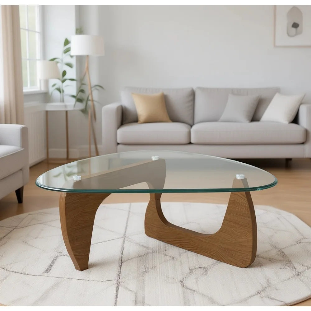 Triangle Glass Coffee Table with Wooden Base for Living Room and Office