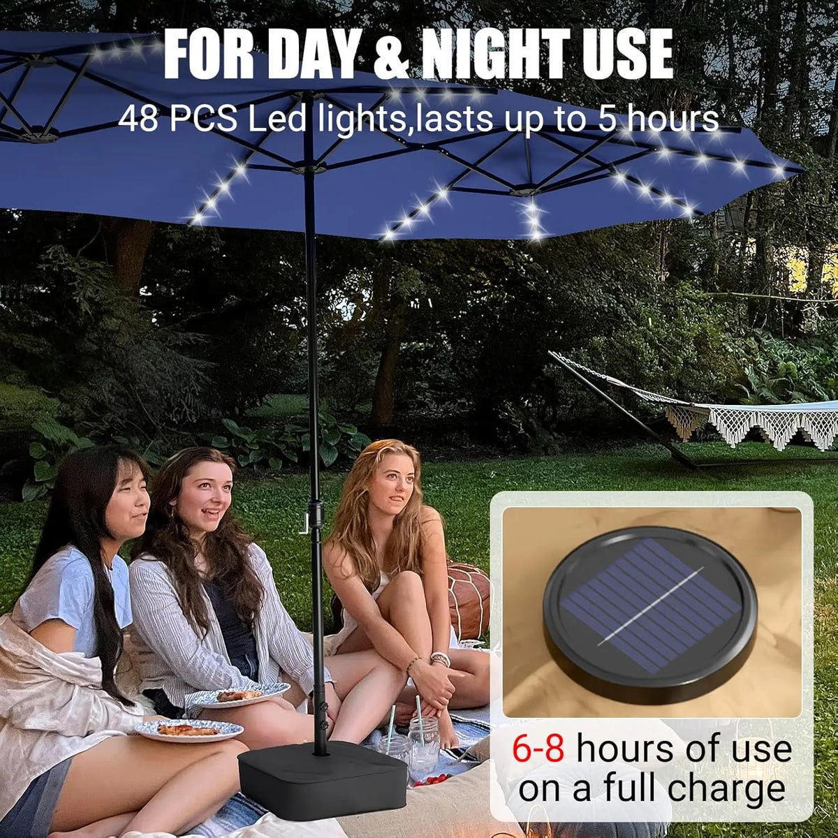 15FT Large Patio Patio Umbrella with Base & Solar LED Lights - Double-Sided, Customized