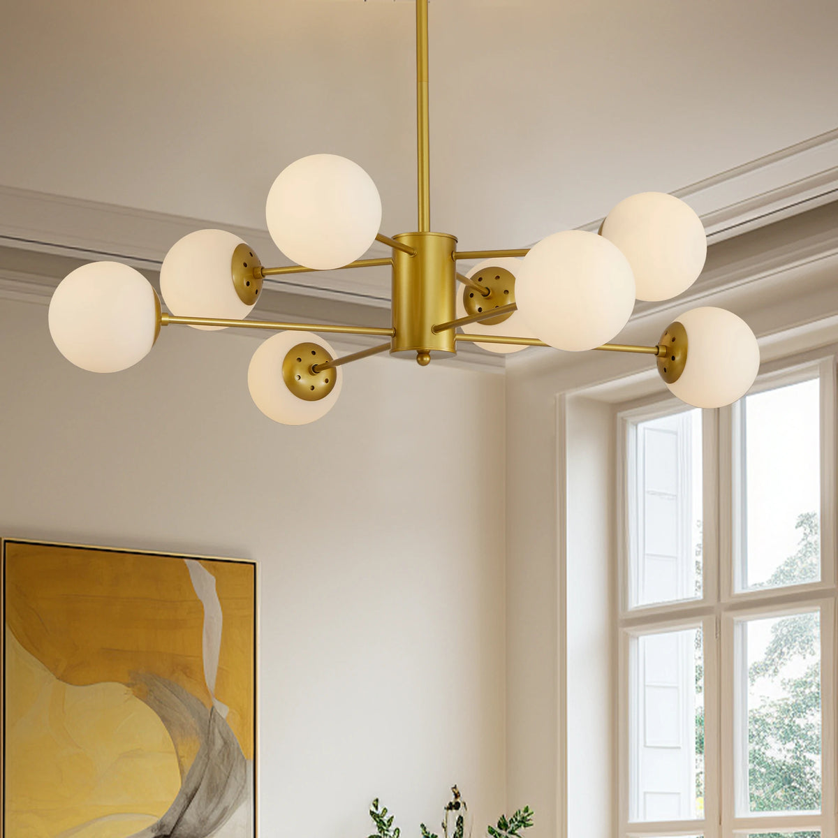 Longree Modern 8 Light Gold Chandelier With White Glass Globes