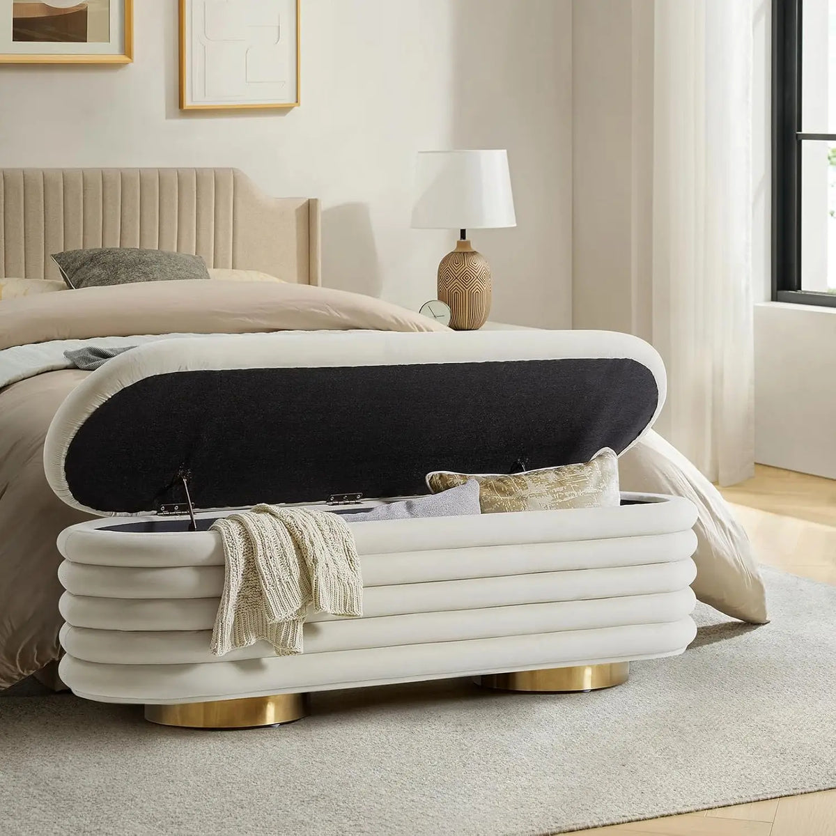 Velvet Storage Bench With Button Tufting