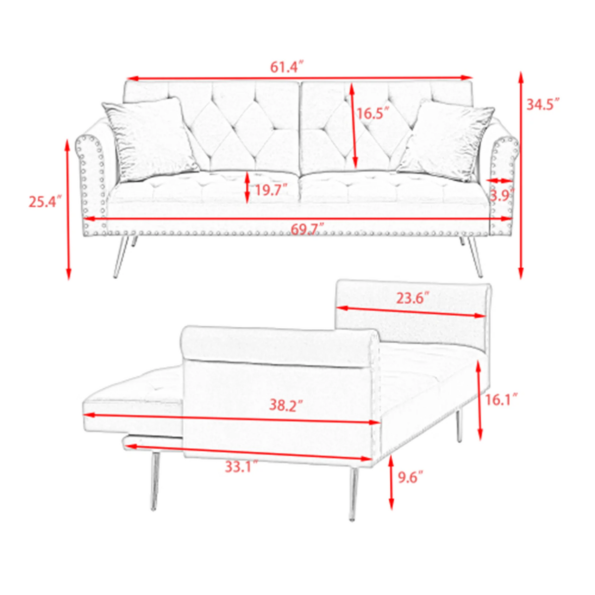 Modern Velvet Convertible Sofa Bed With Comfortable Matching Cushions