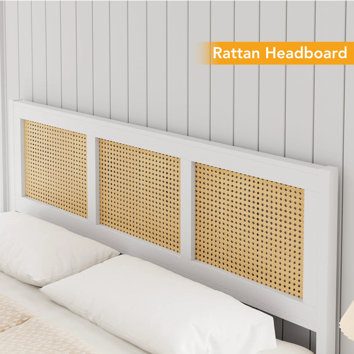 Modern Boho Bed Frame With Rattan Headboard And Storage