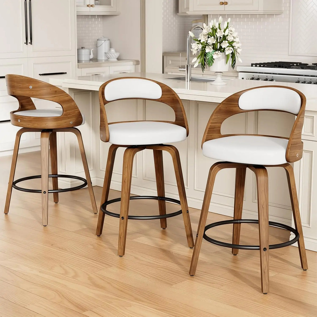 26in Bentwood Counter Stools Set 3 PU Leather Swivel Bar Chair with Back Footrest Kitchen Cafe Dining, Custom