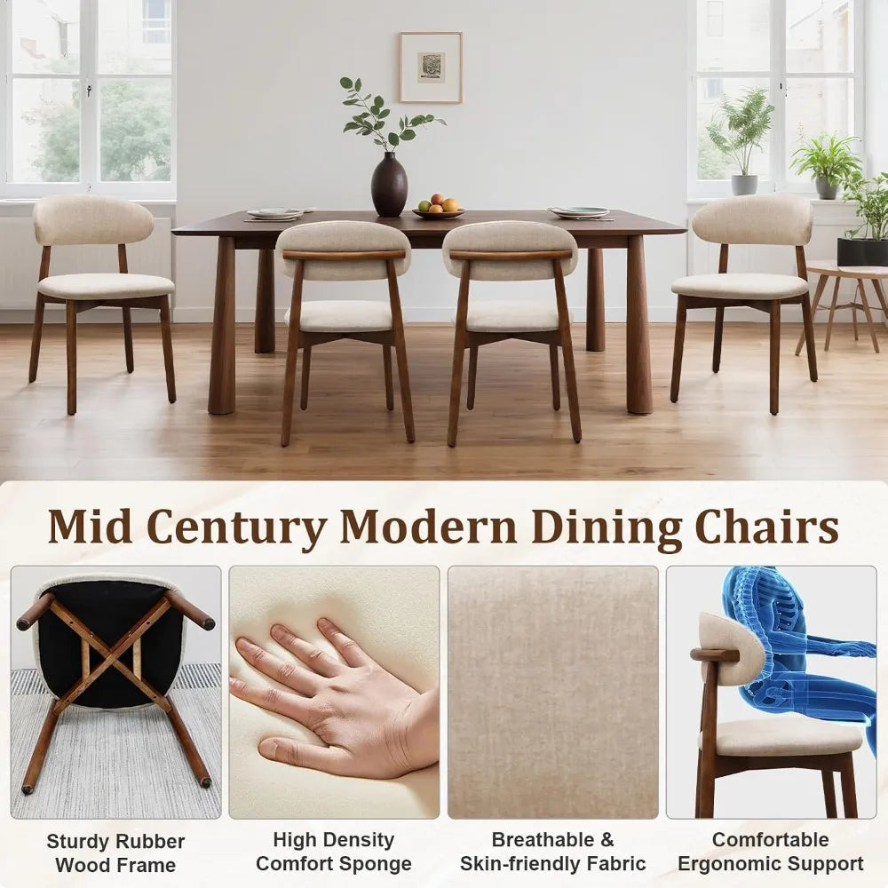 Mid Century Modern Upholstered Dining Chairs With Curved Wooden Back