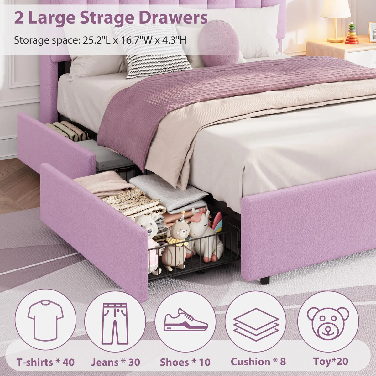GAOMON Upholstered Bed with RGB LED Lighting and Storage Drawers