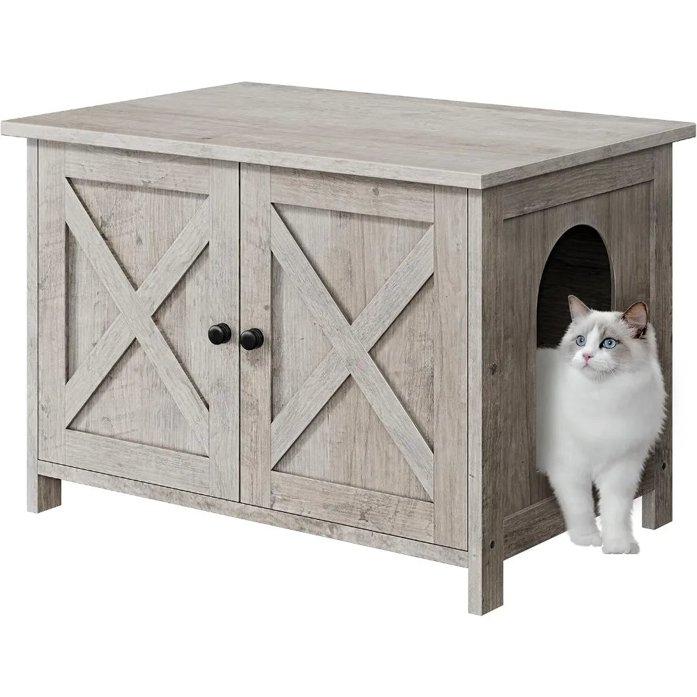 Cat Litter Box Enclosure With Barn Door Hidden Wooden Furniture
