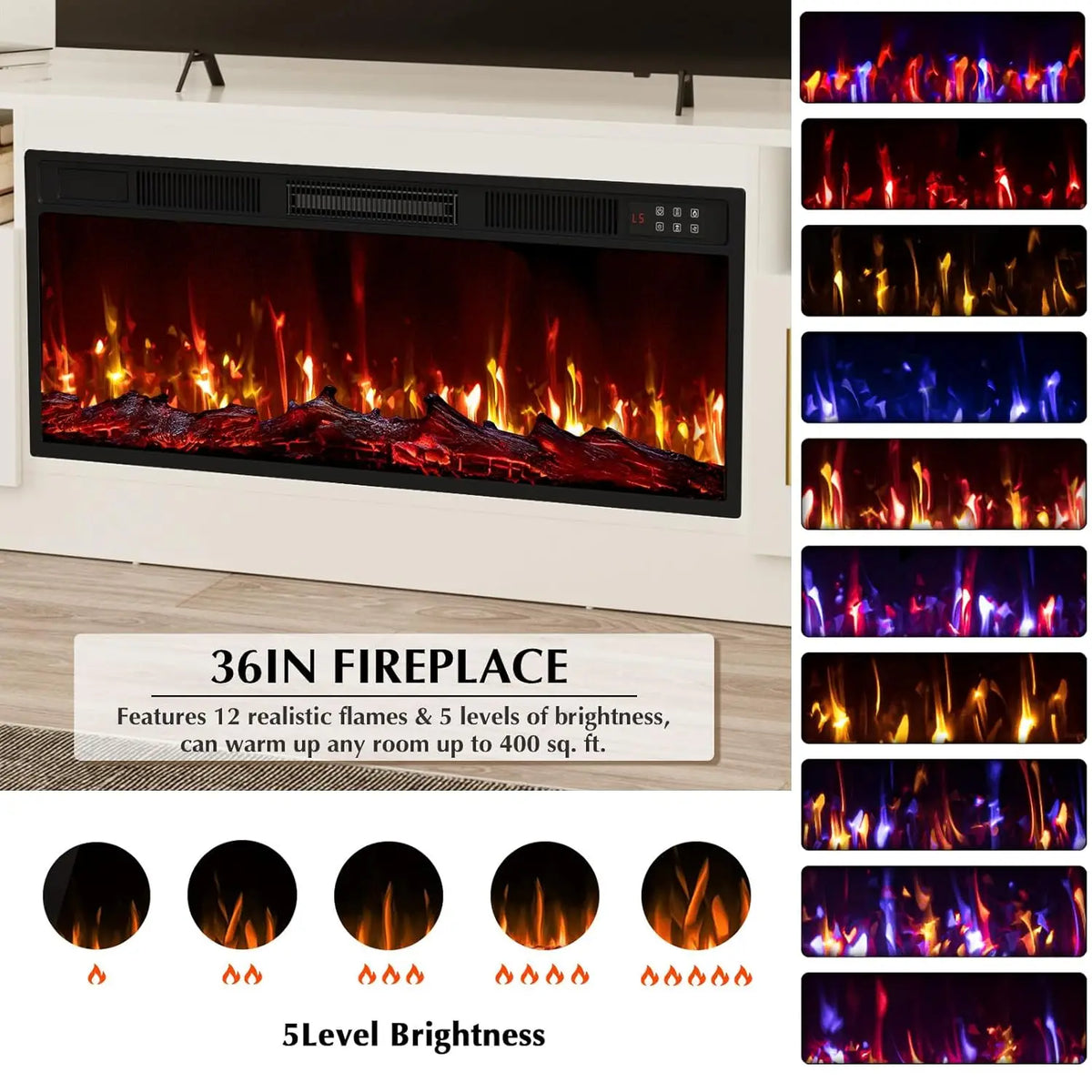 Fireplace TV Stand with 36" Electric Fireplace, Fits TVs Up to 80", 70" LED Lit Entertainment Center, Modern High, Customized