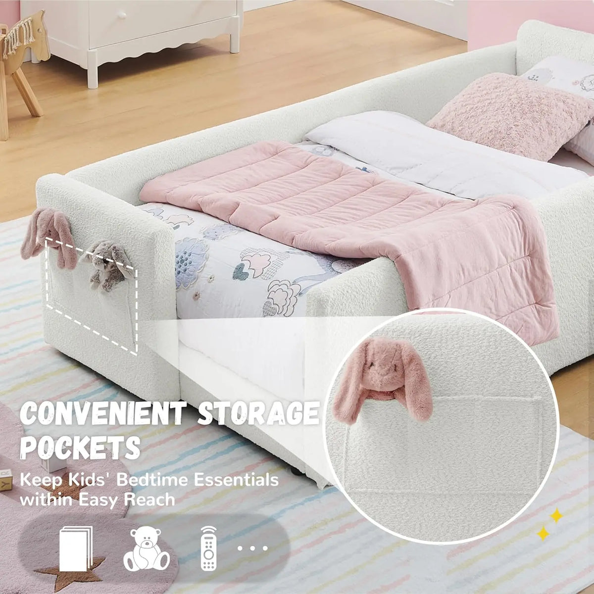 Twin Size Platform Bed,Boucle Upholstered Rabbit Ear Headboard with Pocket & Guardrail for Kids Room,Beige,Customized
