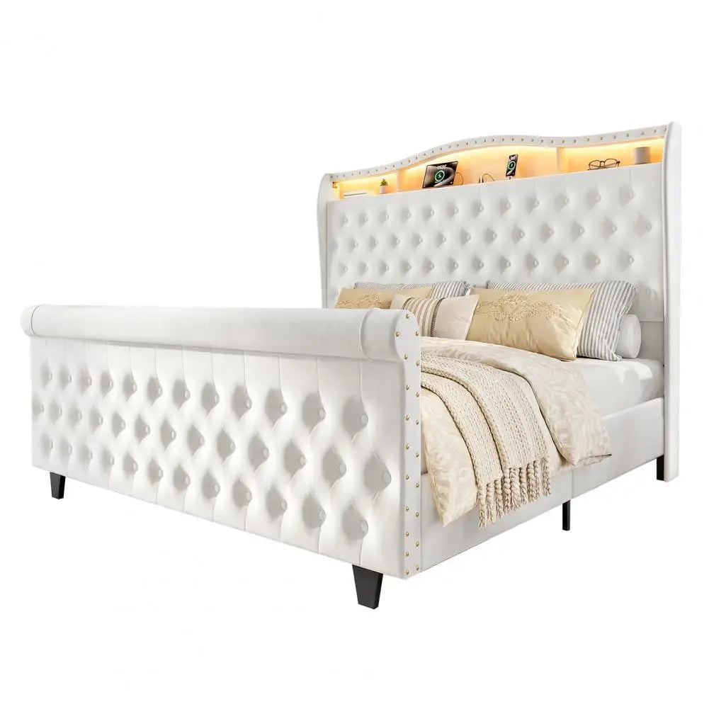 Bedstead King Size Velvet Upholstered Bed Frame with Led Light Built-in Charging Station Storage Space Twin Sleigh Bed