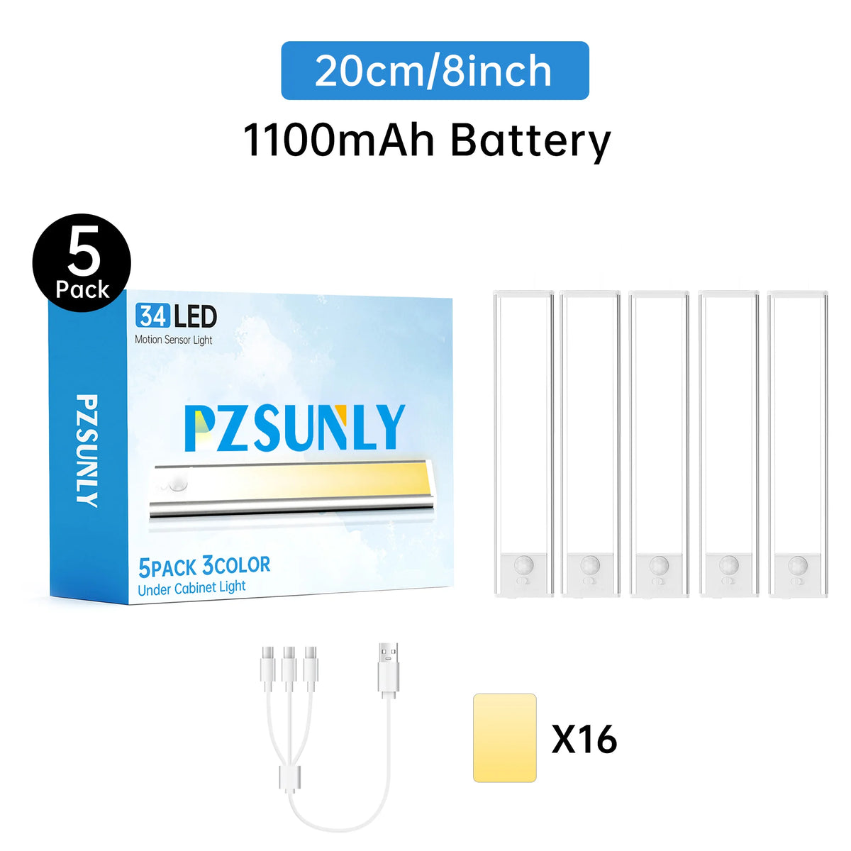 PZSUNLY Motion Sensor LED Light Type-C Rechargeable Wireless Night Light Magnetic Cabinet Lamp for Kitchen Bedroom Wardrobe Hallway Stairs