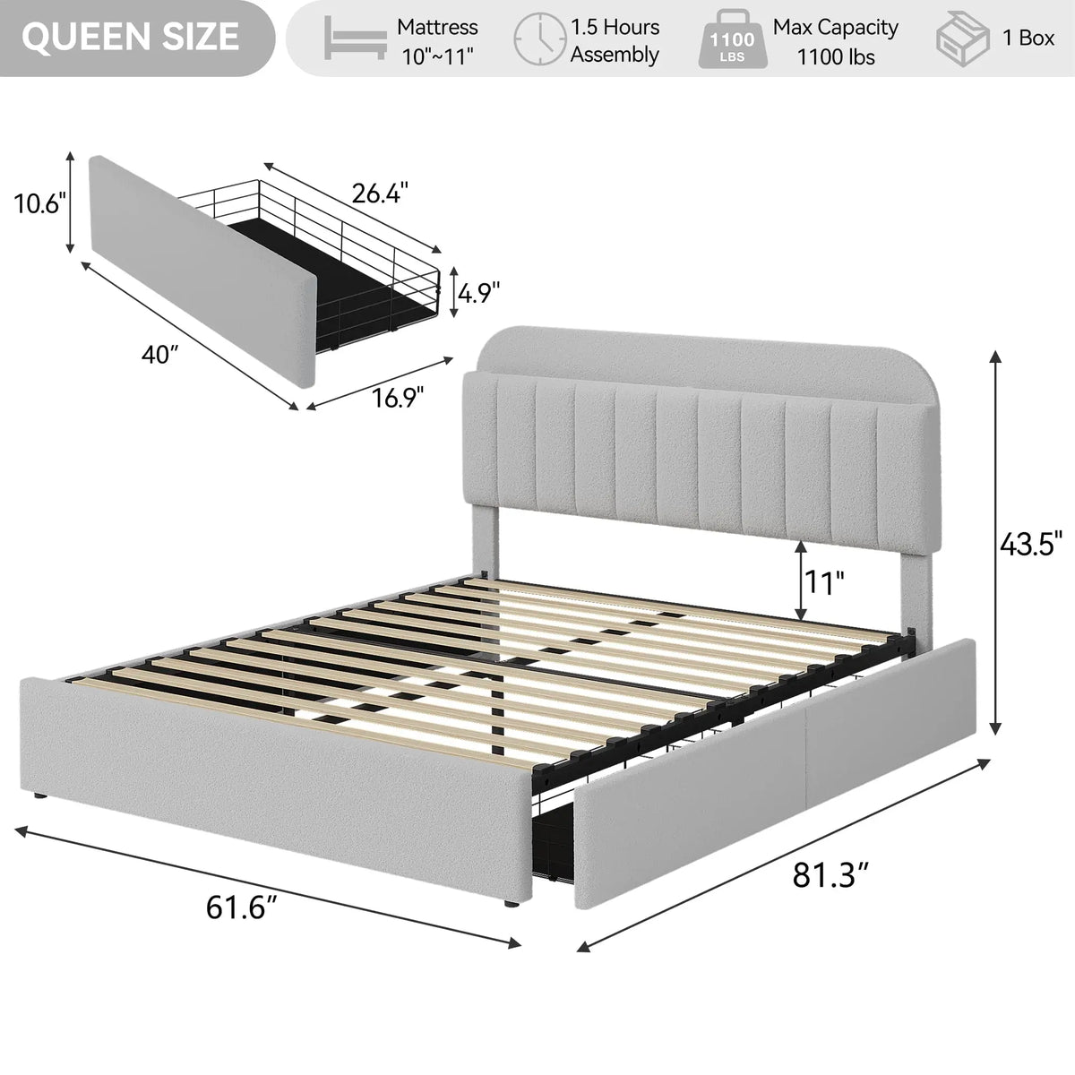 GAOMON Upholstered Bed With Headboard, Storage Drawers And Display Shelf