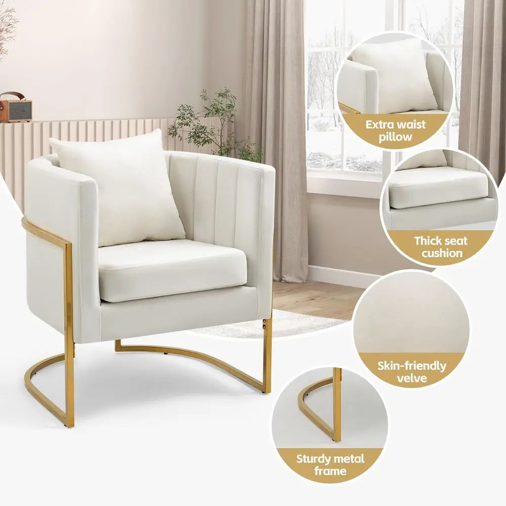 Velvet Barrel Armchair with Lumbar Pillow, MidCentury Upholstered Accent Chair for Living Room, Bedroom, Single Sofa Club Recep