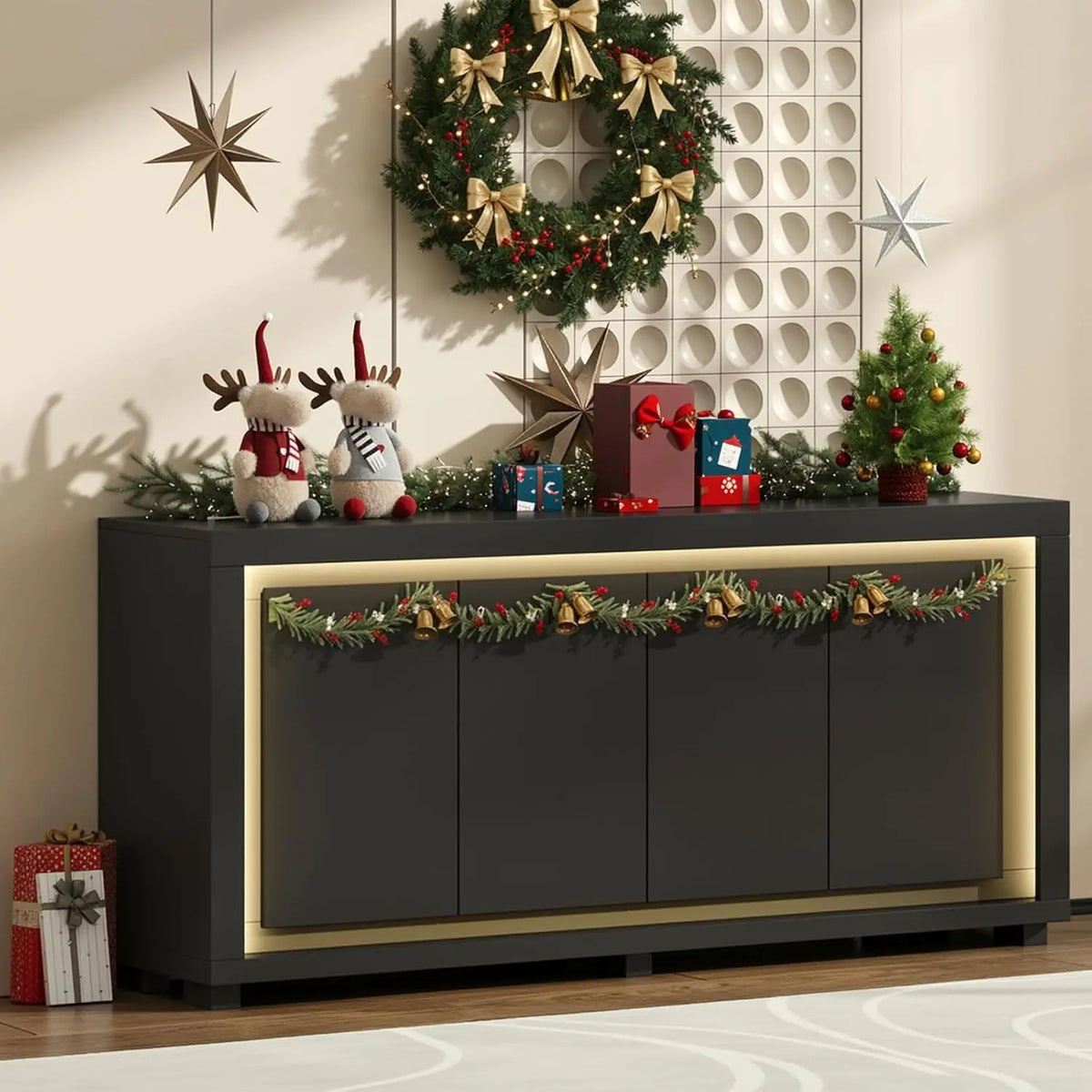 ONBRILL Modern Storage Cabinet With Power Outlets And LED Lighting