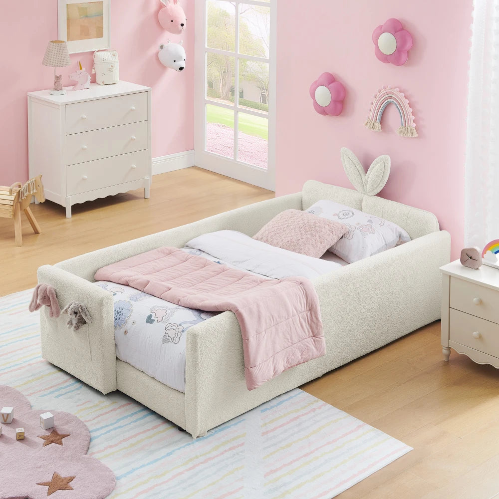 Rabbit Ear Upholstered Platform Bed With Safety Rail And Pocket