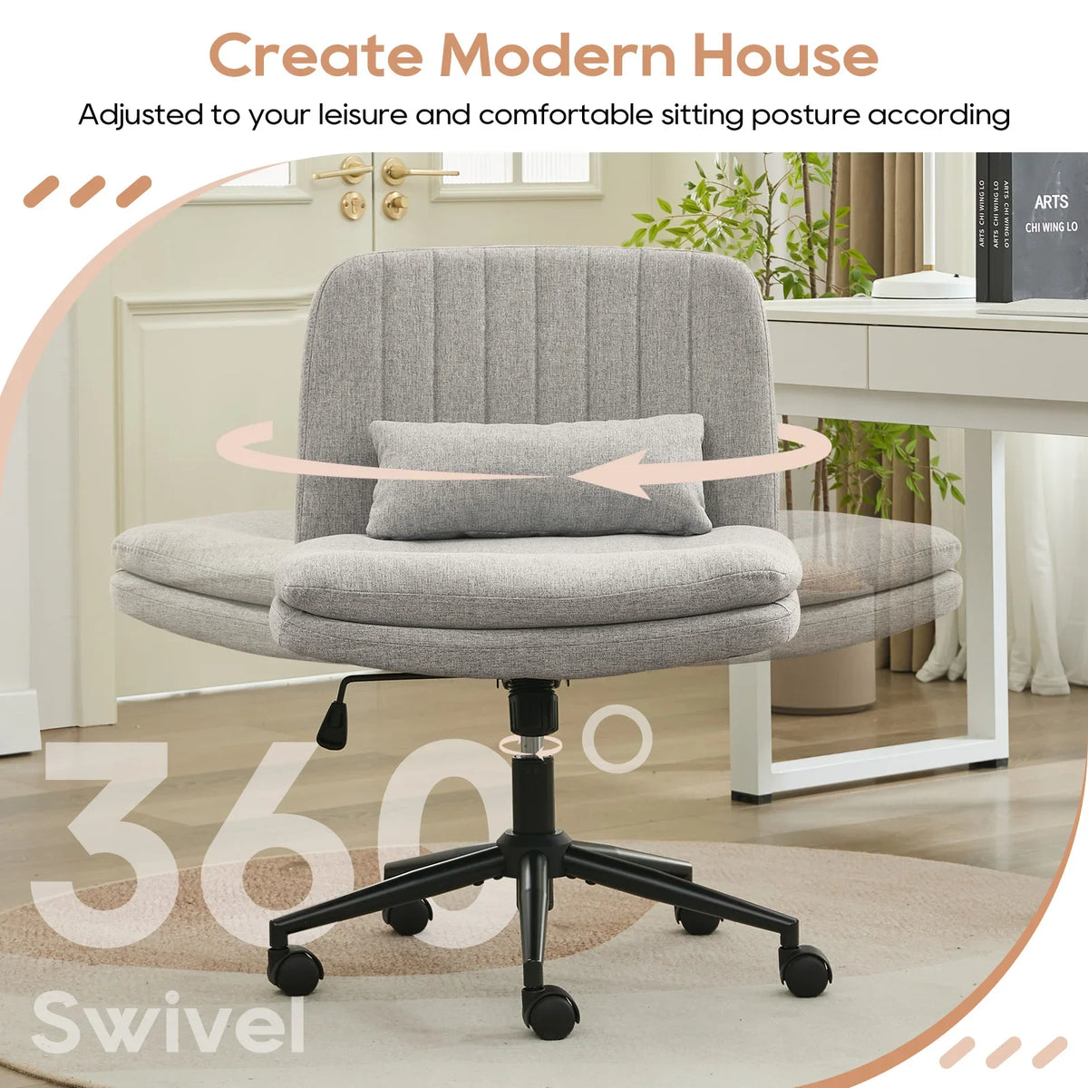 TCGBKAF Gray Criss Cross Chair Armless Desk Office with Wheels And Lumbar Pillow Adjustable Swivel Task Vanity Linen Chair