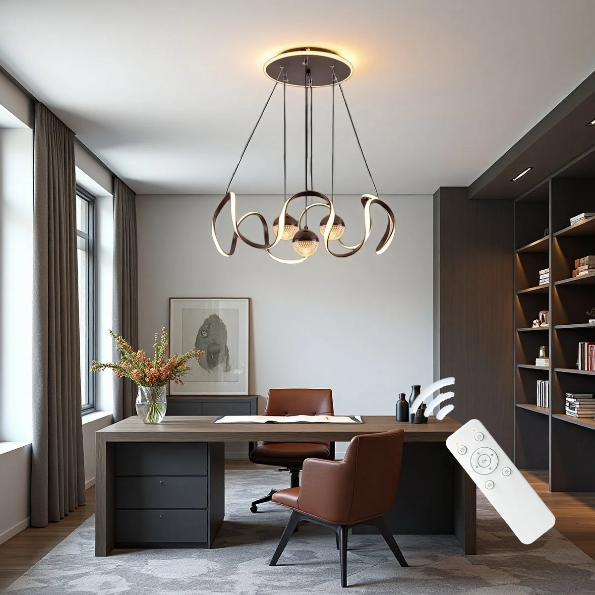 Modern LED Pendant Light With Wavy Ring And Remote Control