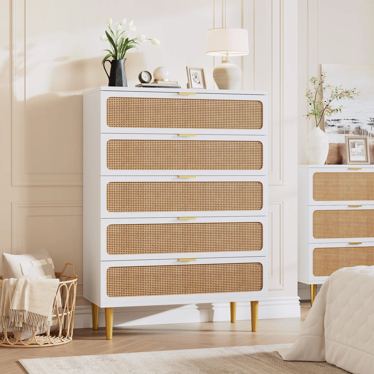 GAOMON Rattan Five Drawer Dresser With Wooden Frame Storage