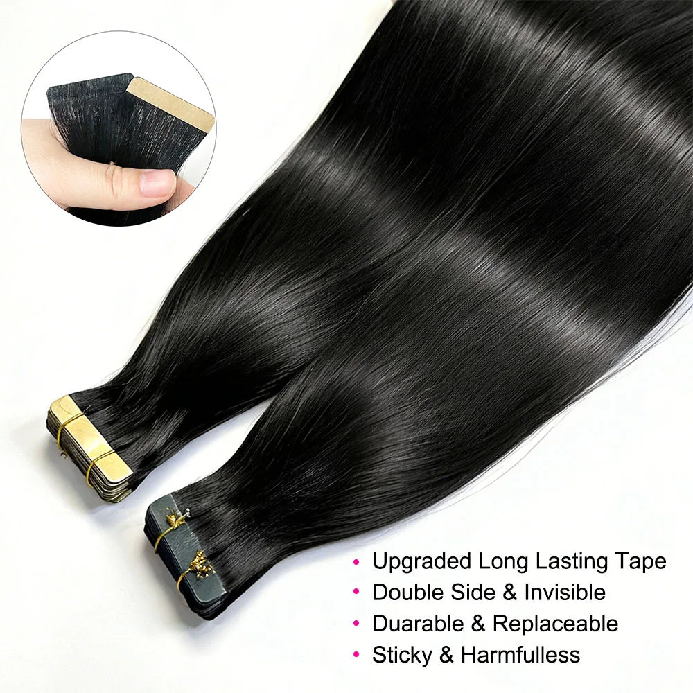 100% Human Hair Tape In Extensions 20 Inch Invisible Seamless PU Skin Weft No Weft Raw Hair Extensions Natural Black Color Adhesive Tape Ins Hair Extension For Women