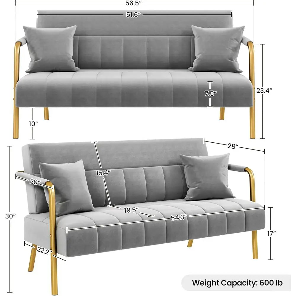 Velvet Loveseat Sofa With Gold Tone Metal Arms And Legs