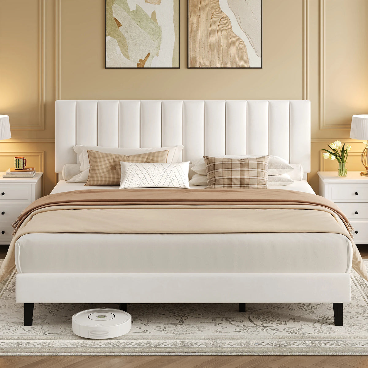 GAOMON Velvet Upholstered Platform Bed Frame With Adjustable Tufted Headboard