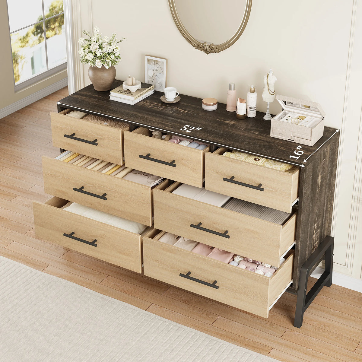 Freestanding Seven Drawer Dresser With Storage And Anti Tip Protection