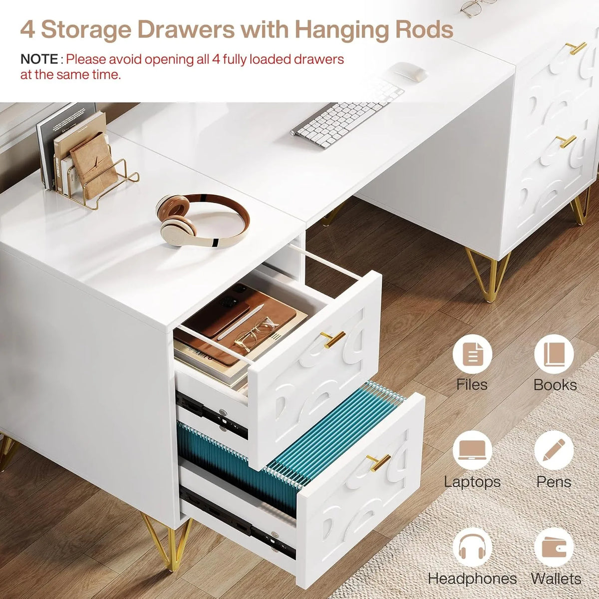White Luxury Executive Desk 59 with Four File Drawers Modern Gold Trim Elegant Office Table for Home Study