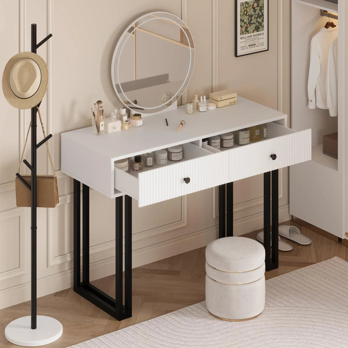 Vanity Desk with Mirror and Lights, Small Makeup Vanity with 2 Drawers, Modern Vanity Organizer with 3 Color Lights&Adjustable Brightness, Dressing Table for Bedroom