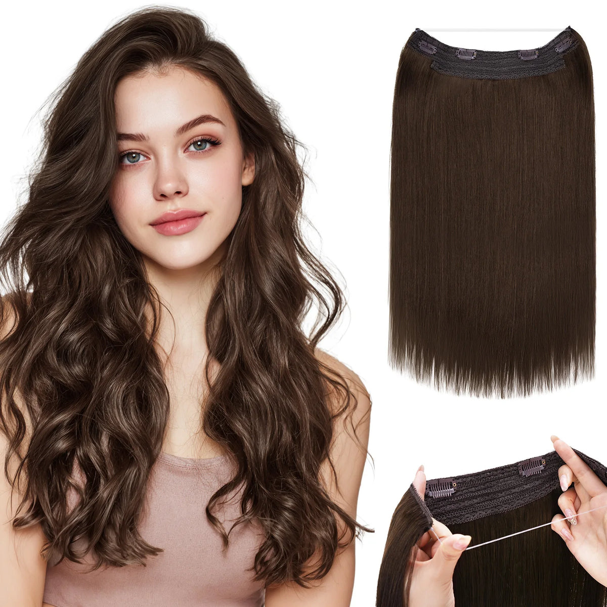 Sunmofavo Invisible Wire In Hair Extensions Halo 100% Remy Human Hair Adjustable Hairpiece with 4 Clips Walnut Brown Bleach Blonde Ombre Seamless Undetectable for Thin Fine Hair Instant Volume Soft Straight Real Human Hair Da