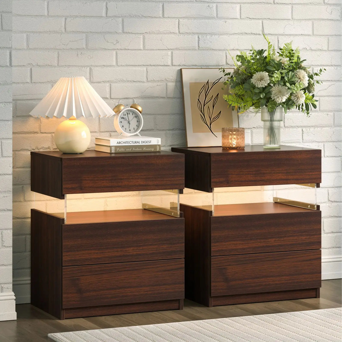 Cubehom Bedside Tables Set With LED Lighting And 3 Drawers