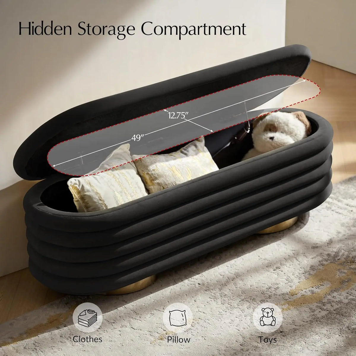 Velvet Storage Bench With Button Tufting